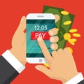 Mobile payment concept. Hand holding a phone. Smartphone wireless money transfer. Flat design. Vector illustration Royalty Free Stock Photo
