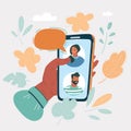 Vector illustration of Mobile phone chat message notifications, hand with smartphone and chatting bubble speeches