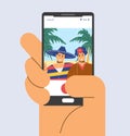 Vector illustration of mobile phone in hand with picture of Mexican couple in national costumes, pancho on background of