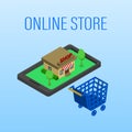 Vector illustration. Mobile phone with shopping basket with bags and boxes. Banking credit card. Concept for online Royalty Free Stock Photo