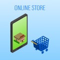 Vector illustration. Mobile phone with shopping basket with bags and boxes. Banking credit card. Concept for online Royalty Free Stock Photo