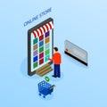 Vector illustration. Mobile phone with shopping basket with bags and boxes. Banking credit card. Concept for online Royalty Free Stock Photo