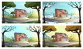 vector illustration modern cottage house among trees in the green countryside field outside of the town. in four seasons Royalty Free Stock Photo