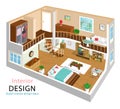 A vector illustration of a modern detailed isometric apartment interior design. 3d Isometric room interiors.