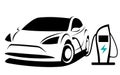 Vector illustration of a modern electric plug-in car with a sporty aerodynamic design which is charged