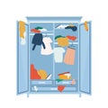 Vector illustration of an open wardrobe with messy, dirorderes clothes inside. Royalty Free Stock Photo