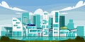 Vector illustration of modern futuristic city. Cartoon urban landscape with future, new buildings, flying cars, on the Royalty Free Stock Photo