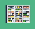 Vector illustration of modern interior design pharmacy or drugstore. Showcase and shelves with medicines, pills and