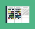 Vector illustration of modern interior design pharmacy or drugstore. Showcase and shelves with medicines, pills and