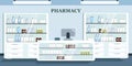 Vector illustration of modern interior pharmacies. Cartoon interior with rack, computer, ointments, drop. Royalty Free Stock Photo