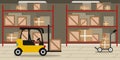 Vector illustration modern interior warehouse. Cartoon interior with boxes, racks, trolley, loader. Royalty Free Stock Photo