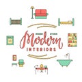 Modern interiors design studio lettering with rooms icons