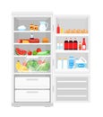 Vector illustration of modern opened refrigerator full of food. Lot of products in the fridge, fruits and vegetables Royalty Free Stock Photo