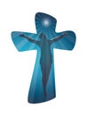 Christian cross with crucified jesus on blue background. Crucifix. Shiloutte jesus. Crucifixion. Religious sign. Multiple exposure