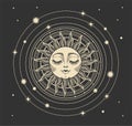 Vector Illustration In Modern Vintage Mystical Style For Tarot Card, Astrology, Heavenly Boho Design. Golden Sun With A