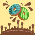 Vector illustration of molten chocolate flowing in drops. Composition of donuts in the center and drops of chocolate
