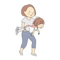 Vector illustration of mom holding kid to fly like superman. Family, motherhood, child playing, happy mother`s day