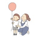 Vector illustration of mom and little kid with red balloon. Happy mother`s day, happy children day, greeting card. Family Royalty Free Stock Photo