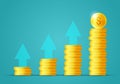 Vector illustration money growth concept. Stacks of flat icon gold coins, income increase, finance statistic report, investment pr Royalty Free Stock Photo