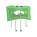 Vector illustration of money with sad face expression. Cartoon banknote character with arms and legs. Green dollar in