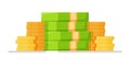 Vector illustration of money stack. Stacked money, green dollar bills and gold coins. Royalty Free Stock Photo