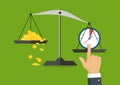 Vector illustration. Money and time balance on the scale. Business concept. Royalty Free Stock Photo