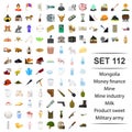 Vector illustration of mongolia, money, finance, mine, industry milk product sweet military army icon set.