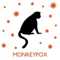 Vector illustration of monkey black silhouette and virus cells in flat style isolated on white background. Monkeypox Royalty Free Stock Photo