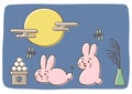 Vector illustration of moon viewing festival in Japan. Full moon and two cute rabbits.