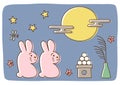 Vector illustration of moon viewing festival in Japan. Two cute rabbits looking at the full moon.