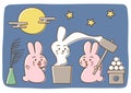 Vector illustration of moon viewing festival in Japan. Two cute rabbits making rice cake.
