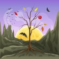 Vector illustration of moonrise, bare tree silhouette and flying bats at rocky landscape in cartoon style. scary or Royalty Free Stock Photo