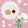 Vector illustration of morning coffee, milk, sugar and sweets in bed with flowers and biscuits with chocolate drops, on