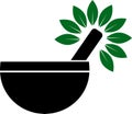 Mortar and pestle with herbal logo