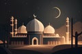 Vector illustration of mosque at night. Ramadan Kareem background with mosque and moon.