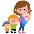 Mother with her children and her baby in a sling. Vector illustration