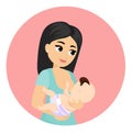 Vector illustration of mother feeds baby with breast, breastfeeding position. Cute cartoon character mother feeding baby Royalty Free Stock Photo