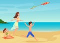 Vector illustration of mother having fun with children on beach and playing with kite.