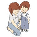 Vector illustration of mother helping cute little child tie shoelaces Royalty Free Stock Photo