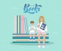 Illustration of mother and children with books. With inscription childrens books. Royalty Free Stock Photo