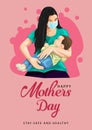 Vector illustration of mother holding baby son in arms. happy mother`s day greeting card.c orona virus, covid-19 concept. mother Royalty Free Stock Photo