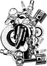 draw in black and white of Vector illustration of motorbike with Spares design