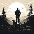 Black silhouette of mountain climber with two dogs on white background Royalty Free Stock Photo