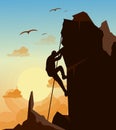 Vector illustration of mountain climbing man on the mountains rock on sunset sky with birds background in flat style Royalty Free Stock Photo