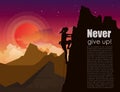 Vector illustration of mountain climbing woman on the mountains rock on sunset sky with stars and clouds background in