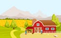 Vector illustration of mountain countryside landscape with red farm barn, fields, people and farm animals in cartoon Royalty Free Stock Photo