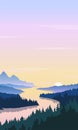 Vector illustration of mountain forest valley with river view, beautiful sunset in the mountains Royalty Free Stock Photo