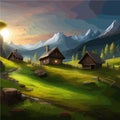 vector illustration of a mountain landscape in the alps, with a wooden house Royalty Free Stock Photo