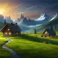 vector illustration of a mountain landscape in the alps, with a wooden house Royalty Free Stock Photo