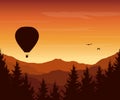 Vector illustration of mountain landscape with forest, flying ho Royalty Free Stock Photo